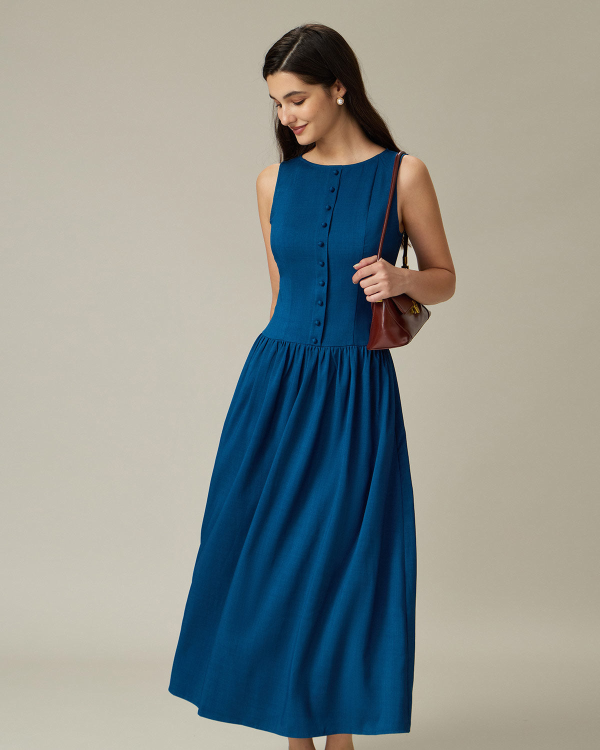 Blue Boat Neck Button Pocket Midi Dress