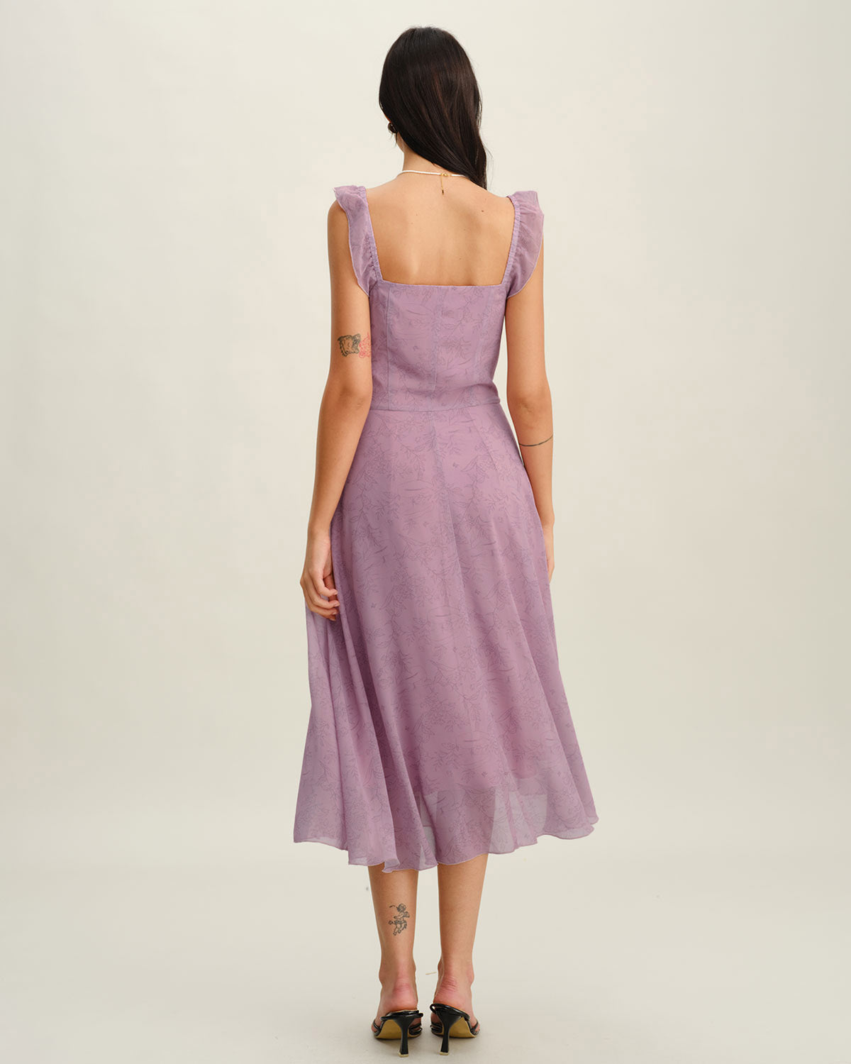 Purple Floral Square Neck Ruffle Slip Midi Dress