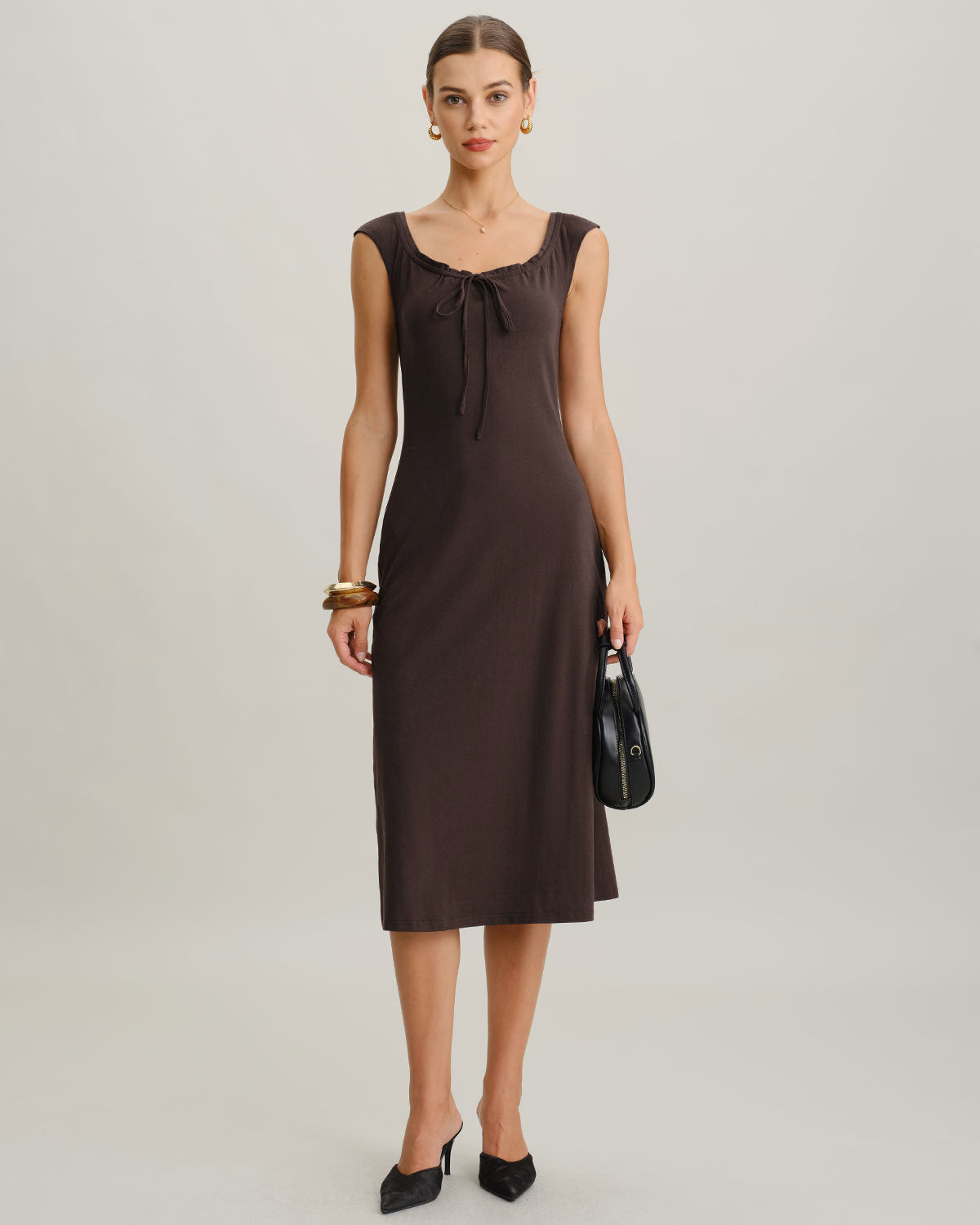 Brown Boat Neck Cap Sleeve Midi Dress