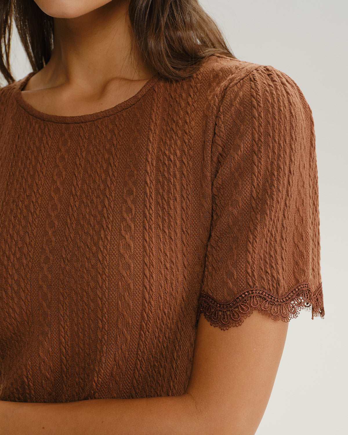 Brown Round Neck Textured Knit Tee