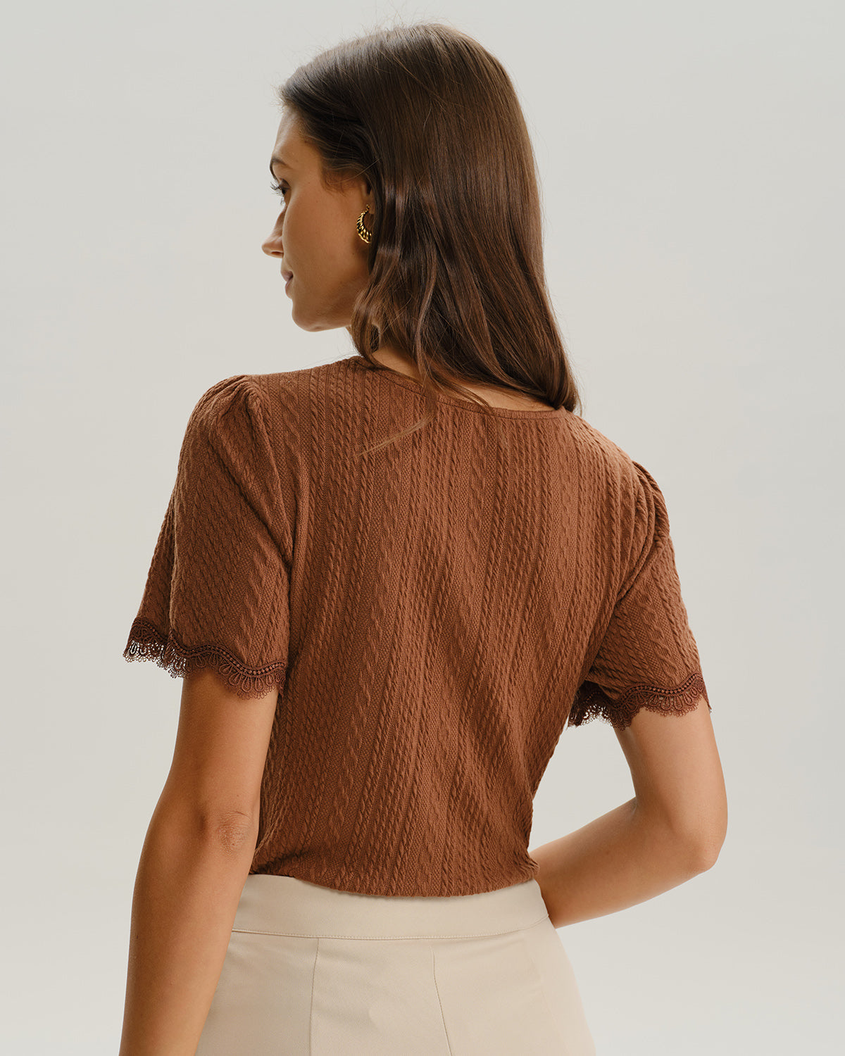 Brown Round Neck Textured Knit Tee