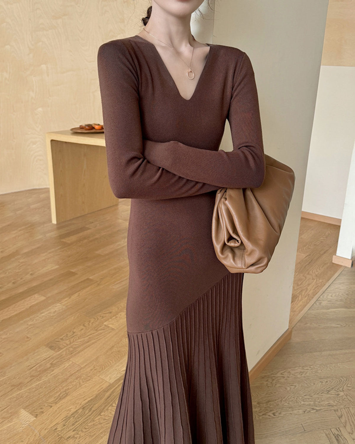 Coffee Scoop Neck Bodycon Sweater Dress