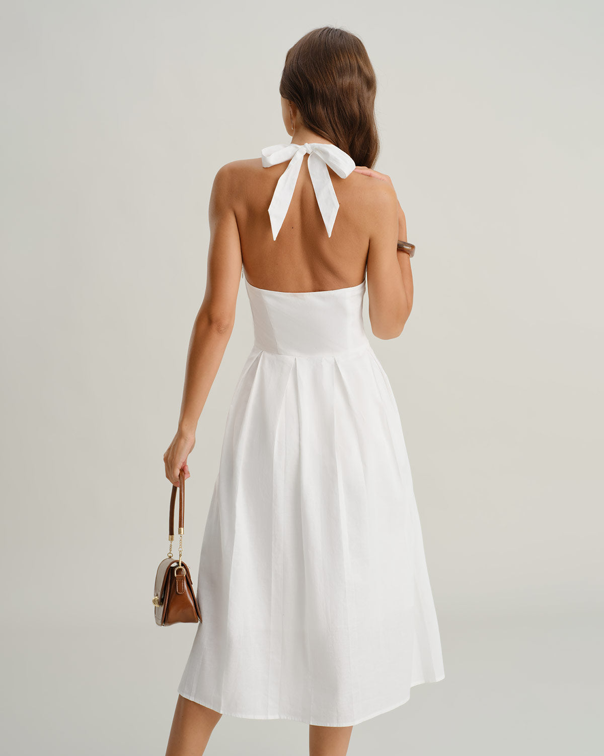 White V Neck Halter Sleeveless Midi Dress