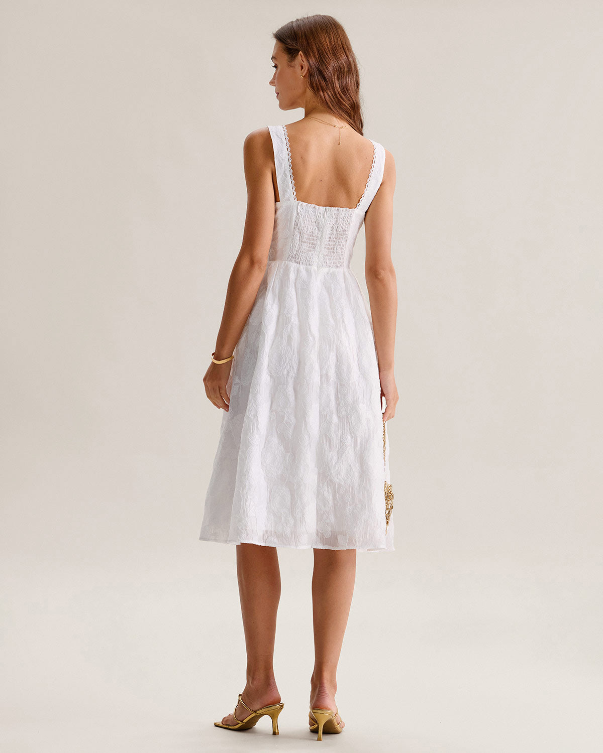 White Jacquard Shirred Slip Midi Dress