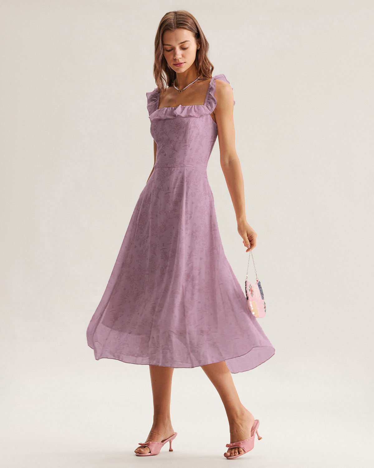 Purple Floral Square Neck Ruffle Slip Midi Dress