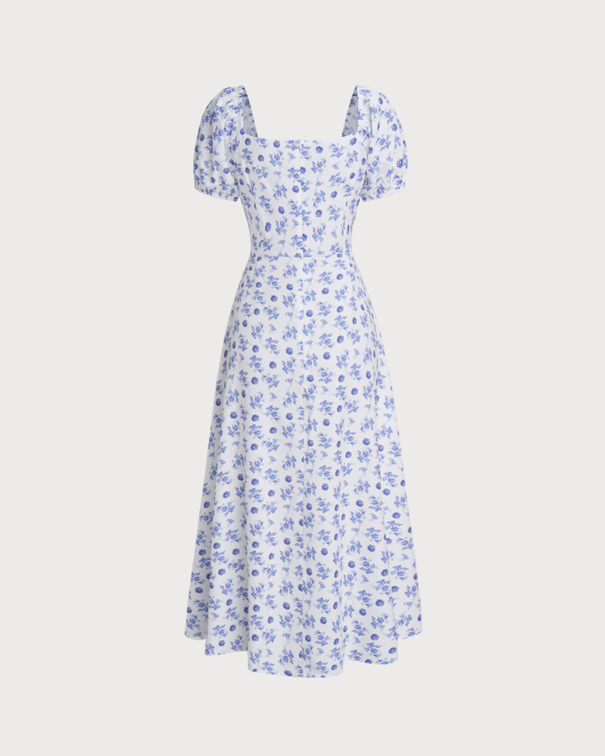 Blue Floral Square Neck Ruched Midi Dress