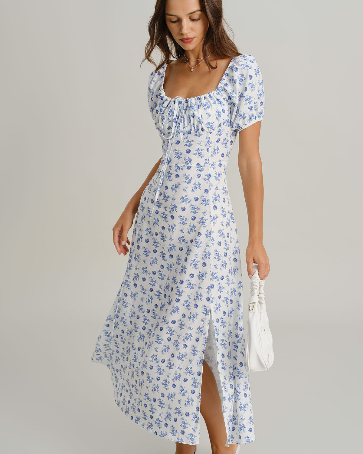 Blue Floral Square Neck Ruched Midi Dress