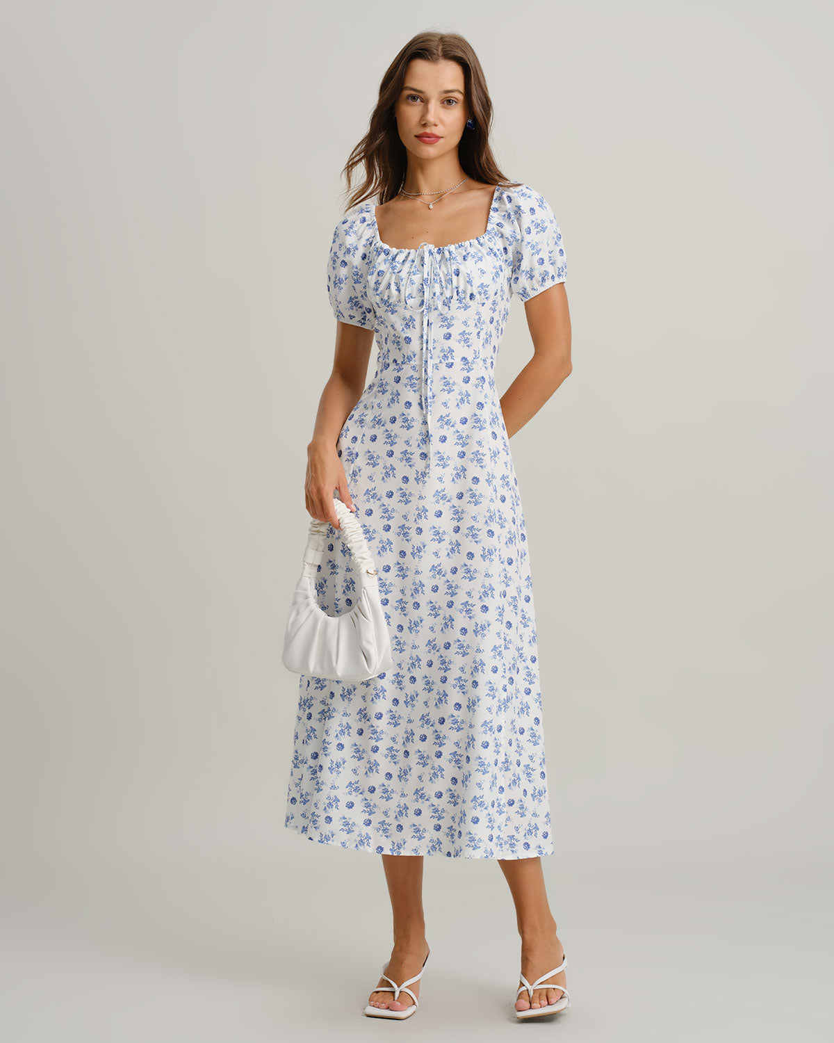 Blue Floral Square Neck Ruched Midi Dress