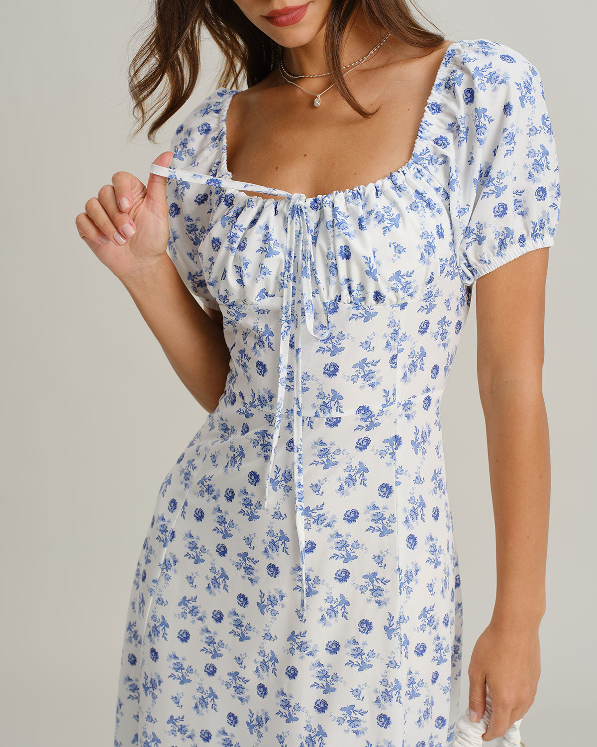Blue Floral Square Neck Ruched Midi Dress