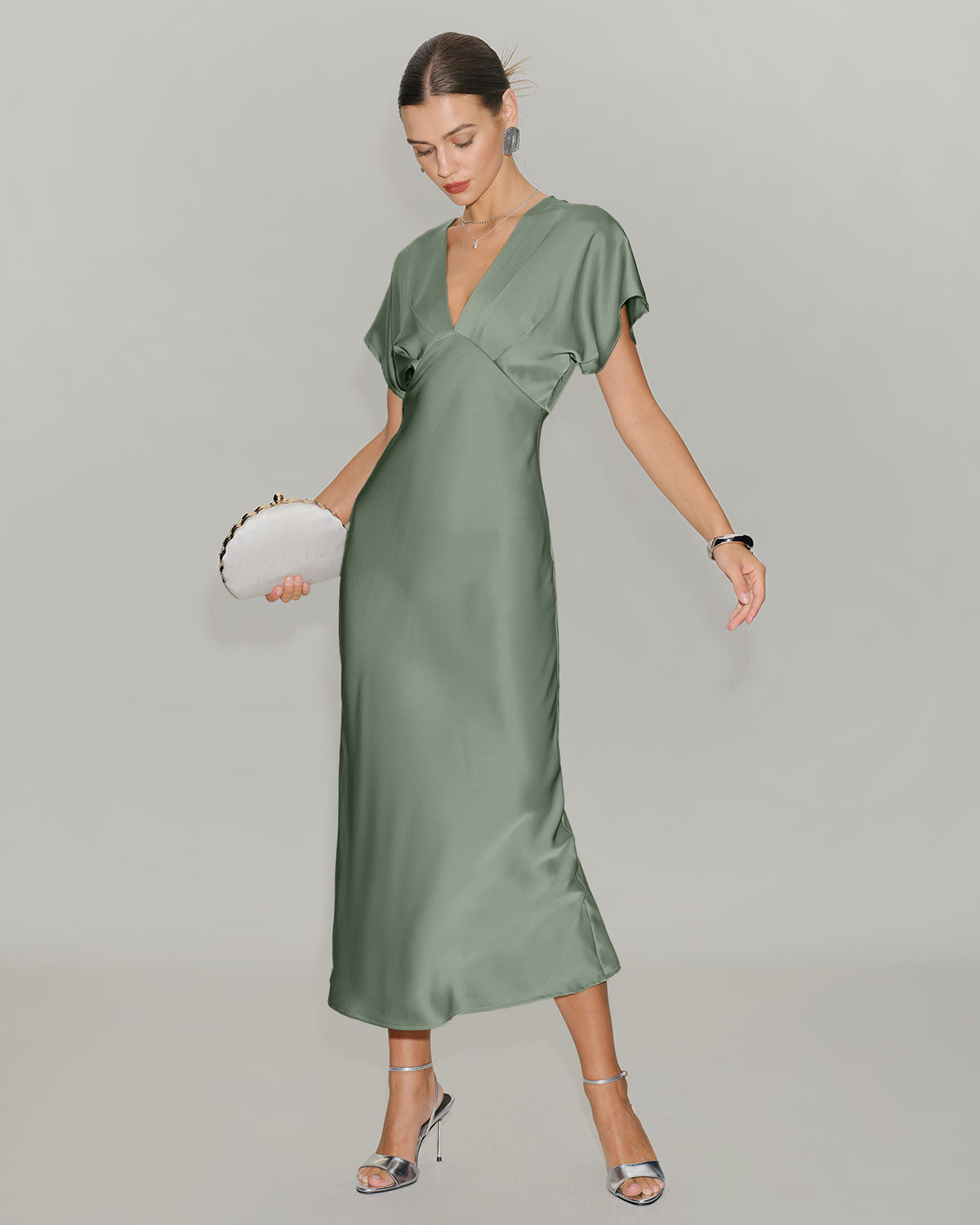 Green Satin V Neck Midi Dress
