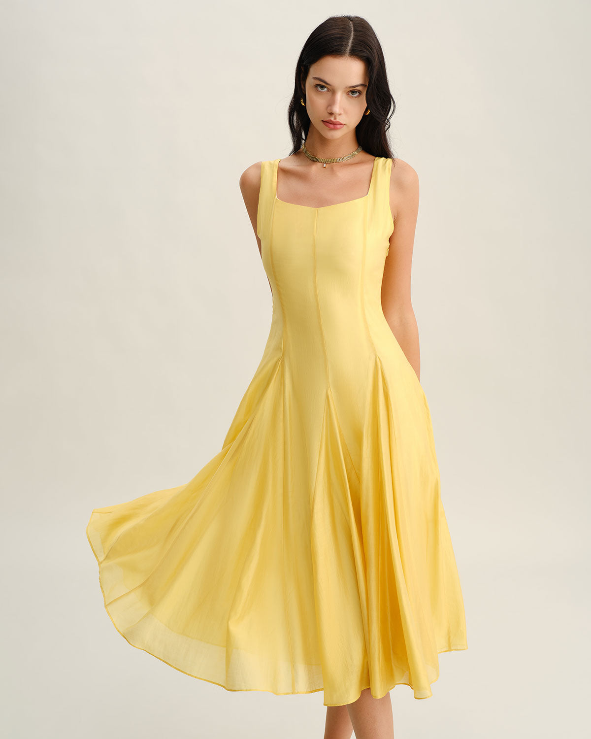 Yellow Square Neck Pleated Slip Midi Dress