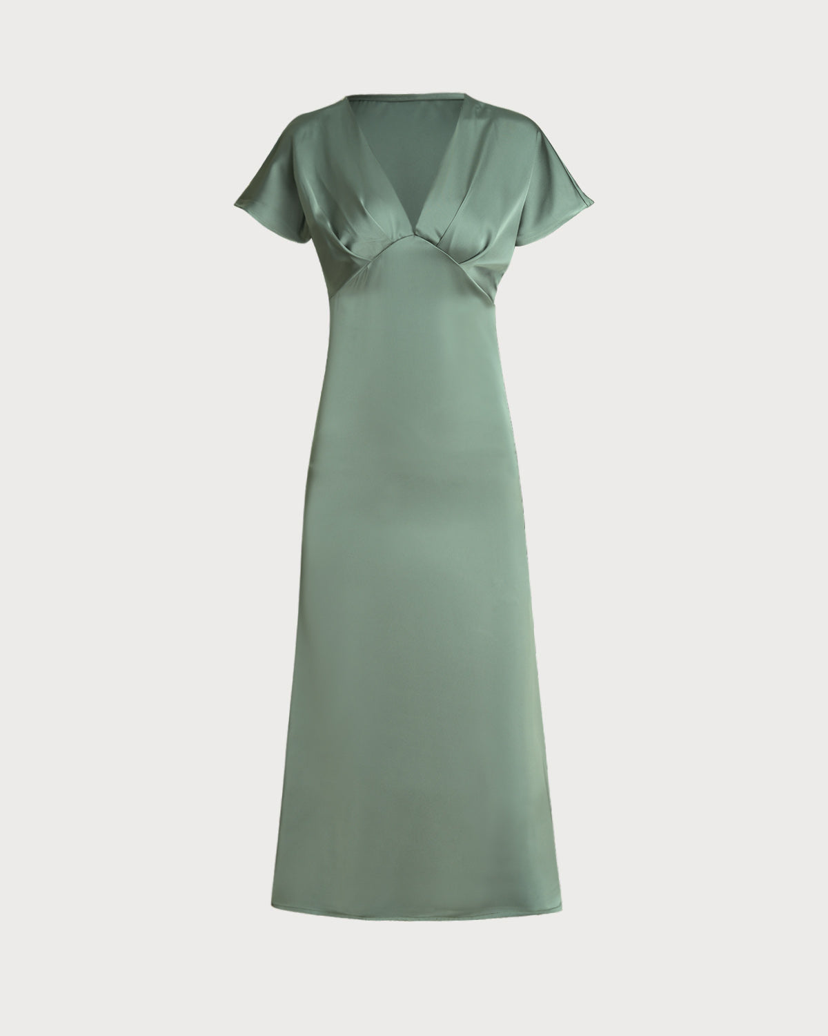 Green Satin V Neck Midi Dress