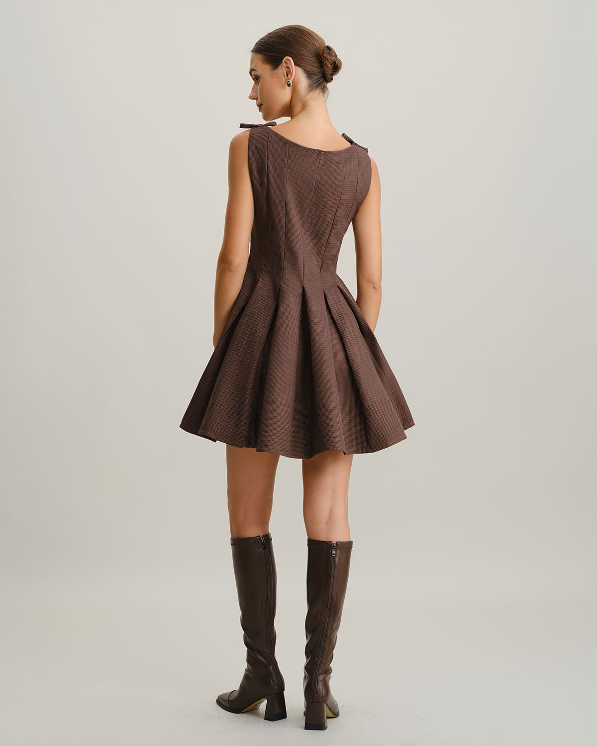 Brown Plaid A-Line Tie Strap Mini Dress