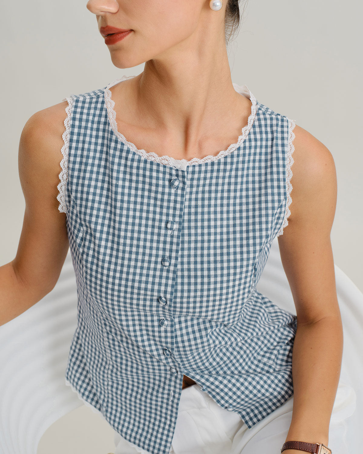 Blue Plaid Boat Neck Tank Top