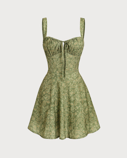 Green Floral Ruched Slip Mini Dress
