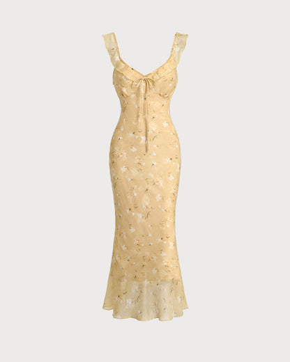 Yellow Floral Ruched Ruffle Midi Dress