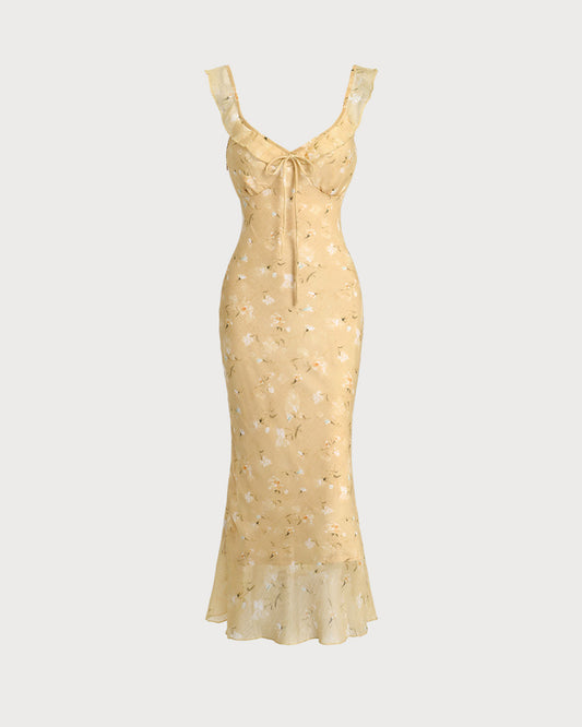 Yellow Floral Ruched Ruffle Midi Dress