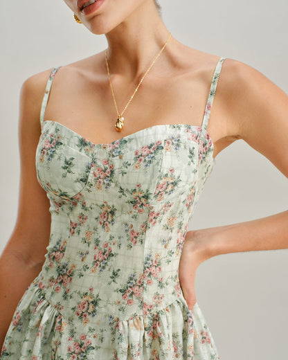 Green Floral Sweetheart Neck Pleated Slip Midi Dress