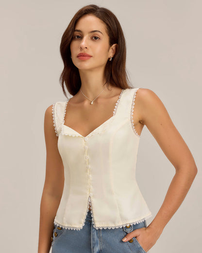 Beige Vest V Neck Lace Tie-Back Vest