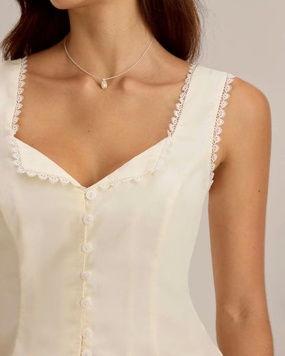 Beige Vest V Neck Lace Tie-Back Vest