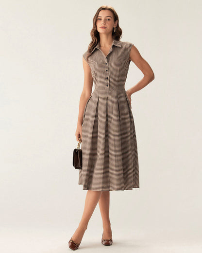 Brown Plaid Button Pleated Midi Dress