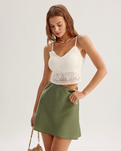 Green Satin Elastic Waist A-Line Mini Skirt