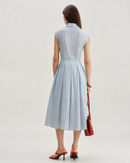 Blue Striped Cap Sleeve Midi Dress
