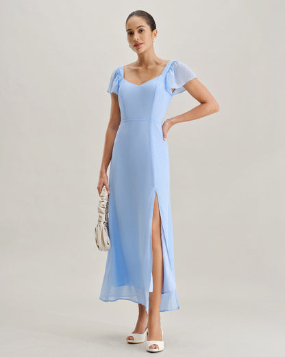 Blue Sweetheart Neck Chiffon Maxi Dress