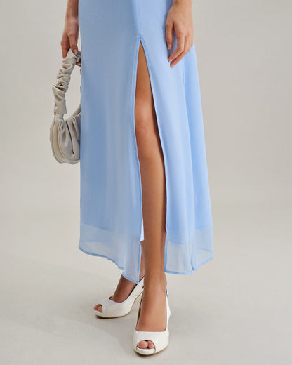 Blue Sweetheart Neck Chiffon Maxi Dress