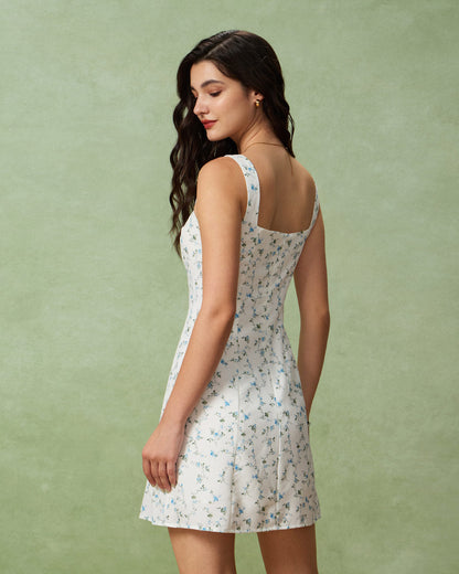 White Floral Square Neck Slip Mini Dress