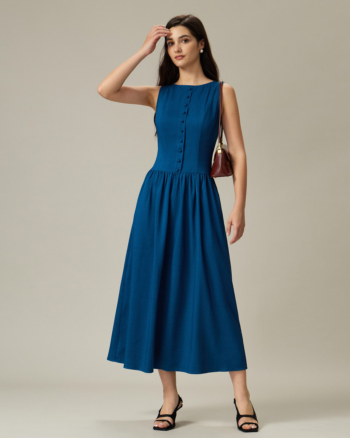 Blue Boat Neck Button Pocket Midi Dress