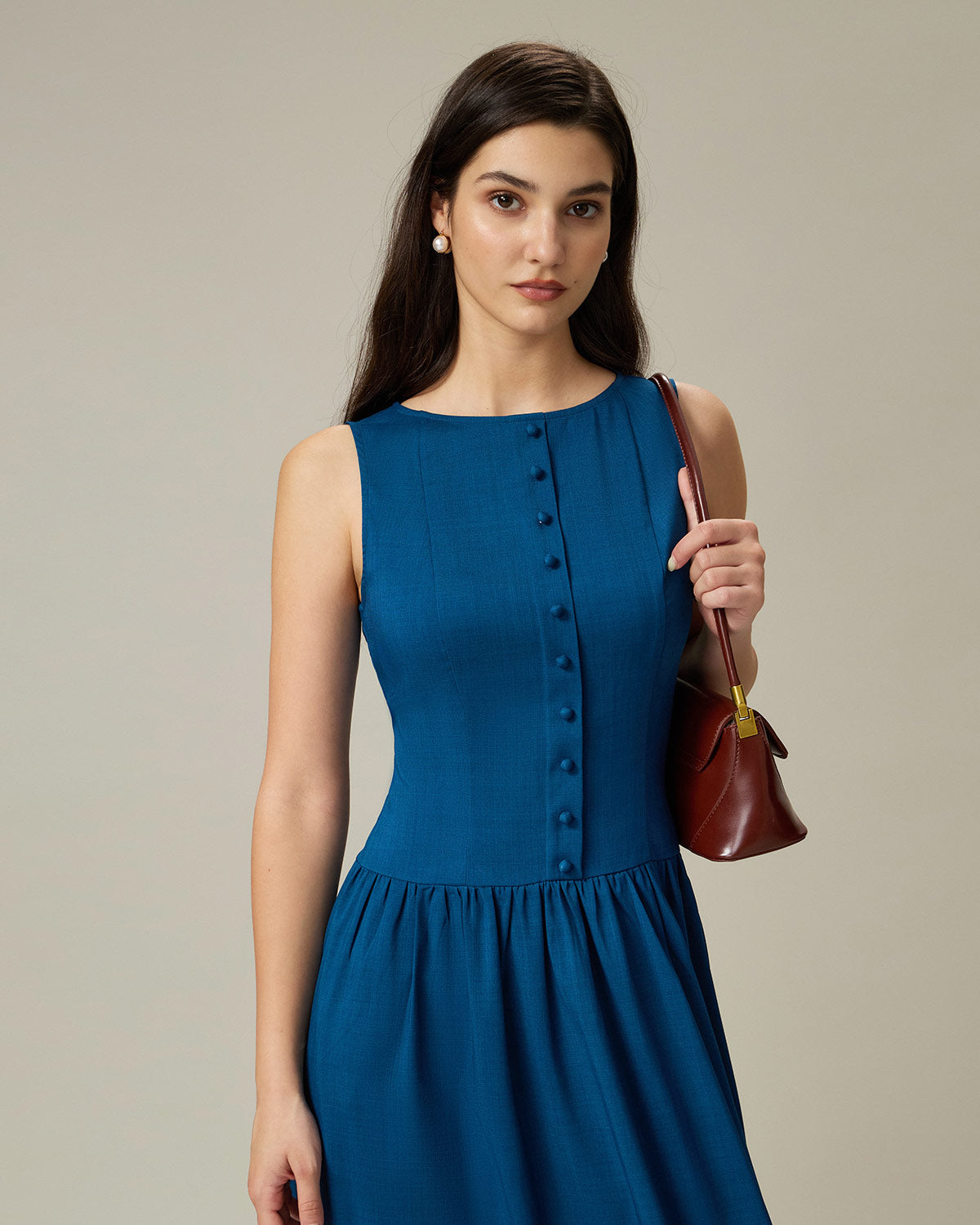Blue Boat Neck Button Pocket Midi Dress