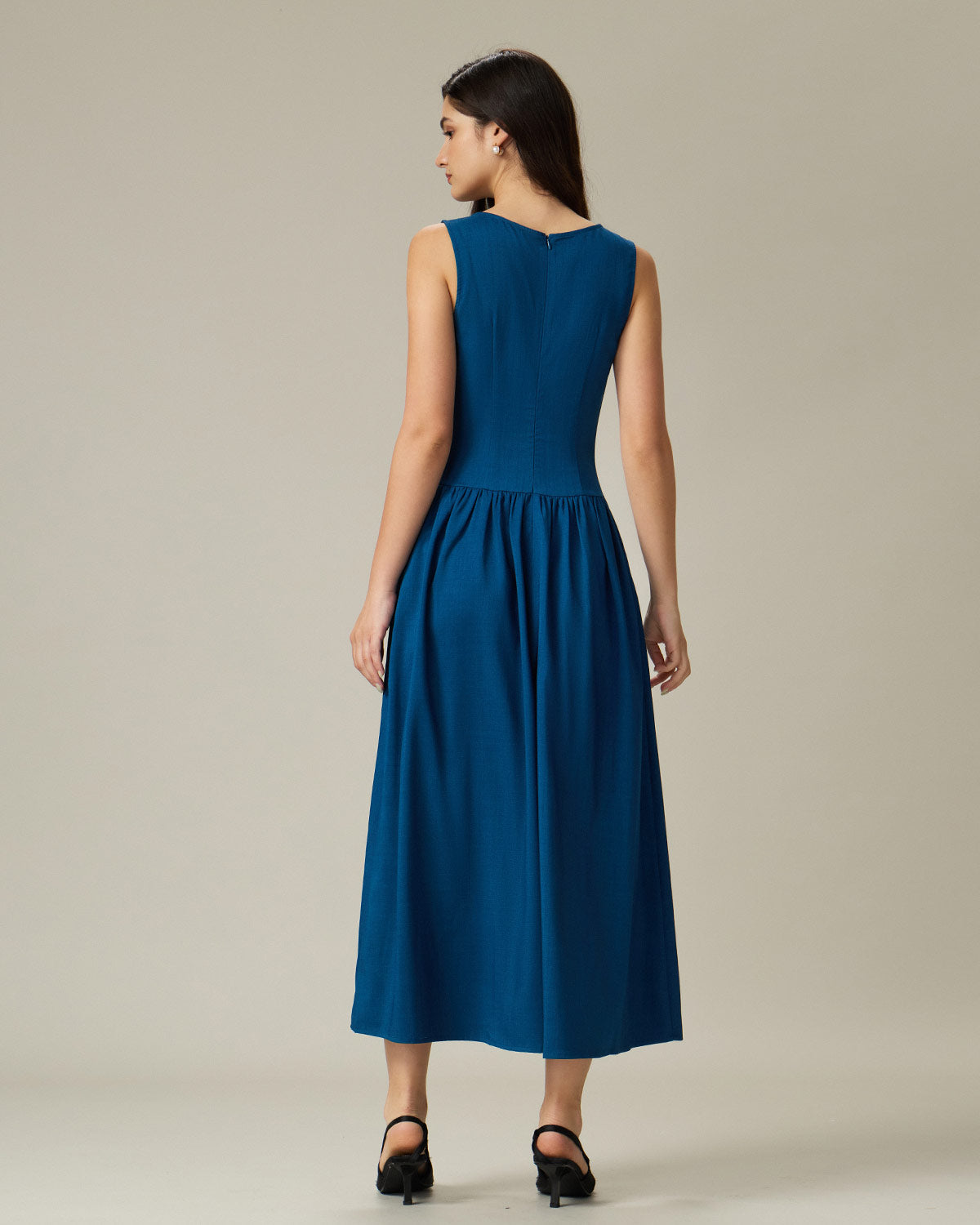 Blue Boat Neck Button Pocket Midi Dress