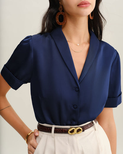 Navy Satin Button Blouse