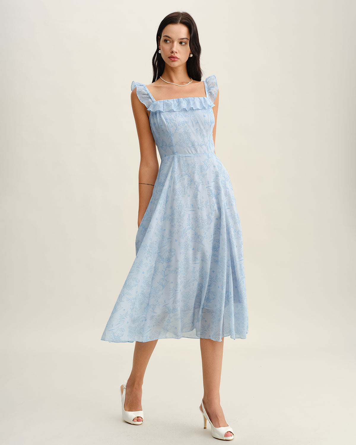 Blue Square Neck Ruffle Midi Dress