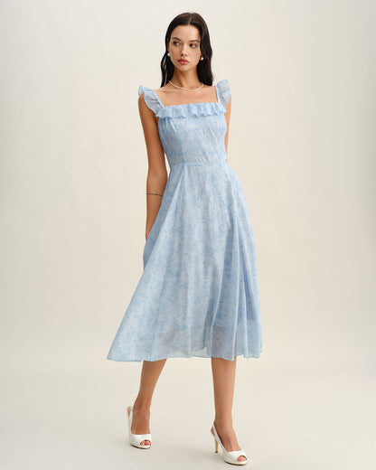 Blue Square Neck Ruffle Midi Dress