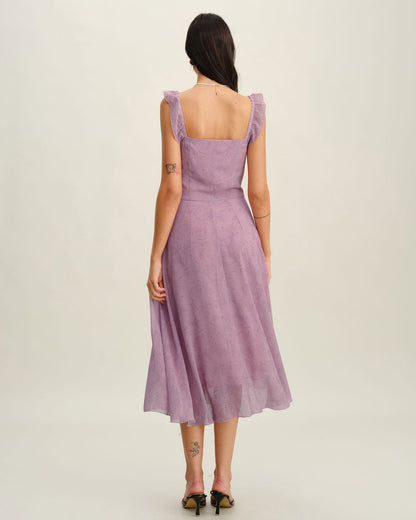 Purple Floral Square Neck Ruffle Slip Midi Dress