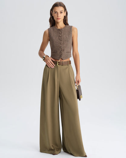 Khaki Natural Waisted Wide Leg Casual Pants