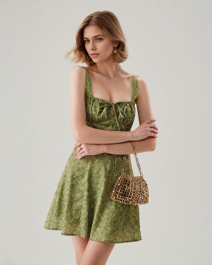 Green Floral Ruched Slip Mini Dress