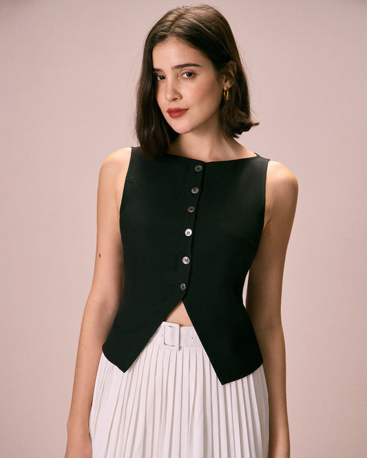 The Black Boat Neck Button Tank Top