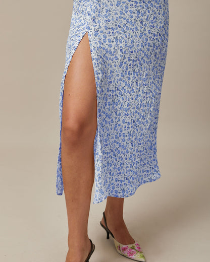 The Blue Round Neck Floral Slit Midi Dress
