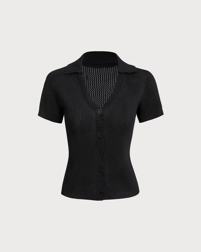 Black V Neck Button Pointelle Knit Tee