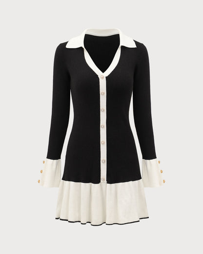 Black Contrasting Bell Sleeve Sweater Dress