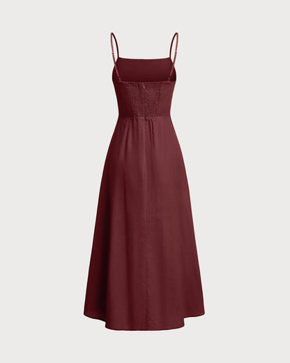 Wine Red Square Neck Shirred Slip Midi Dress