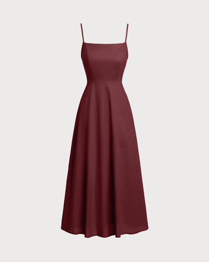 Wine Red Square Neck Shirred Slip Midi Dress