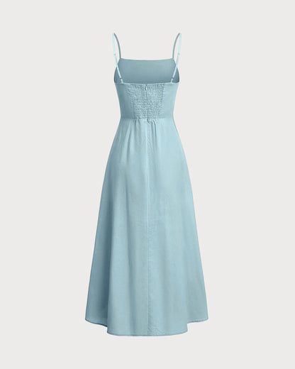 Blue Square Neck Shirred Slip Midi Dress
