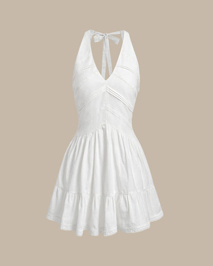 White V Neck Pleated Backless Mini Dress