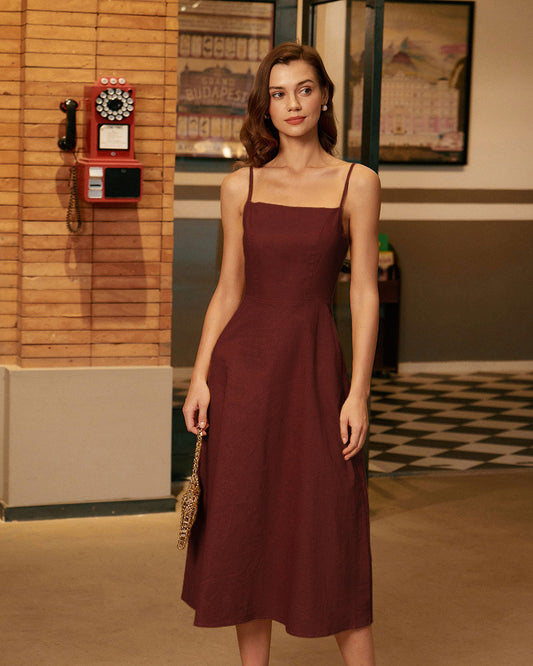 Wine Red Square Neck Shirred Slip Midi Dress