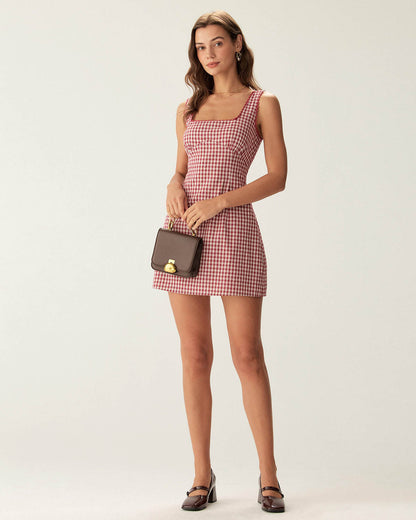 Red Plaid Square Neck Slip Mini Dress