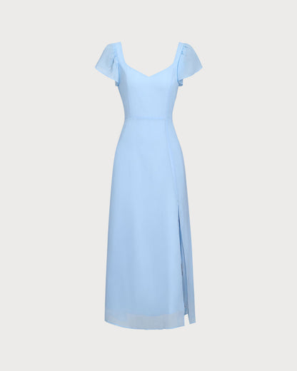 Blue Sweetheart Neck Chiffon Maxi Dress